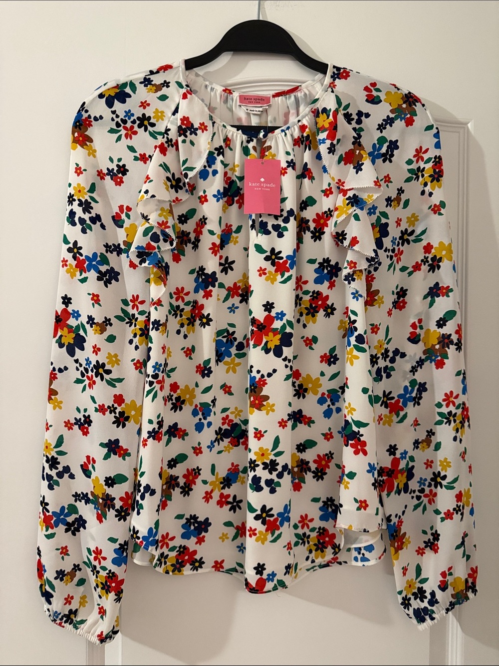 kate spade White Floral Ruffle Blouse with Multicolor Flowers